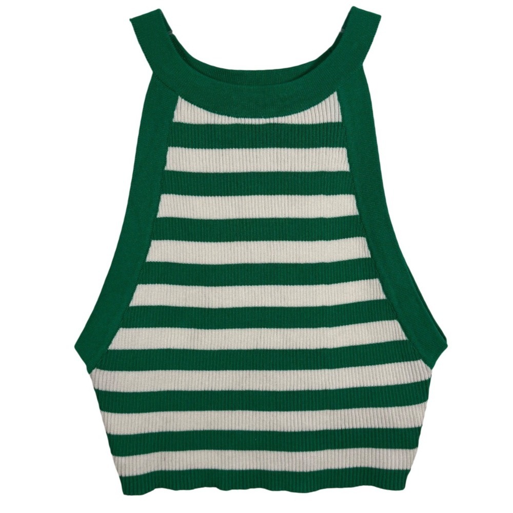 KLESIS Green White Striped Ribbed Knit High Neck Crop Top Size M IT3908